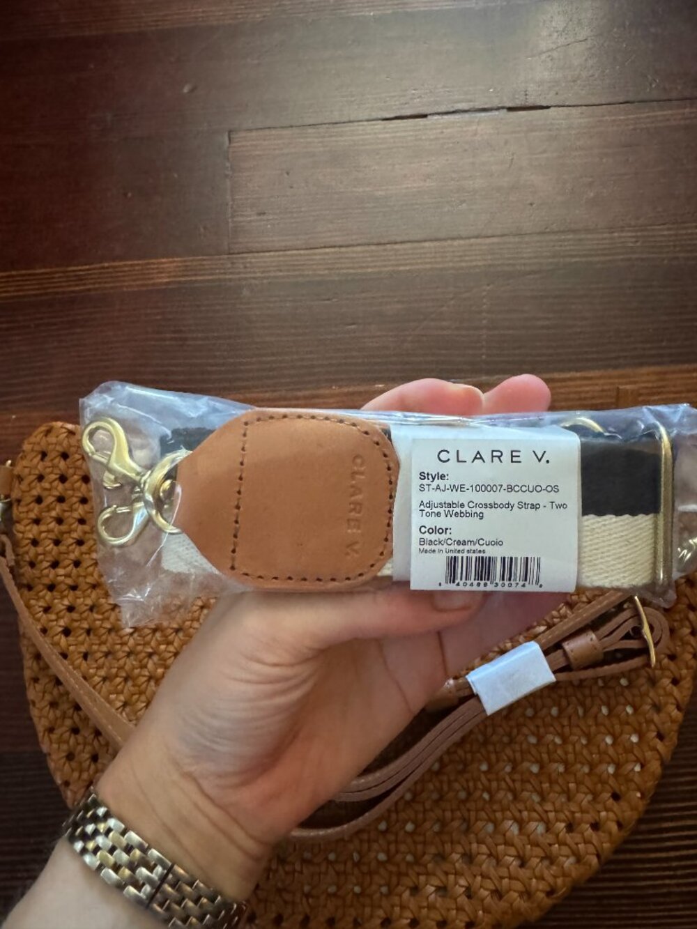 NWT Clare V. Grande Fanny in Tan Rattan Woven Leather + Black/Cream Checker Stra - Picture 2 of 10